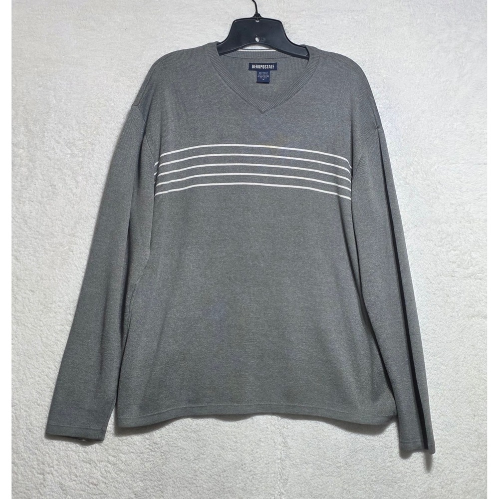 Aeropostale Men's V-Neck Sweater Grey White Striped Cotton Blend Medium